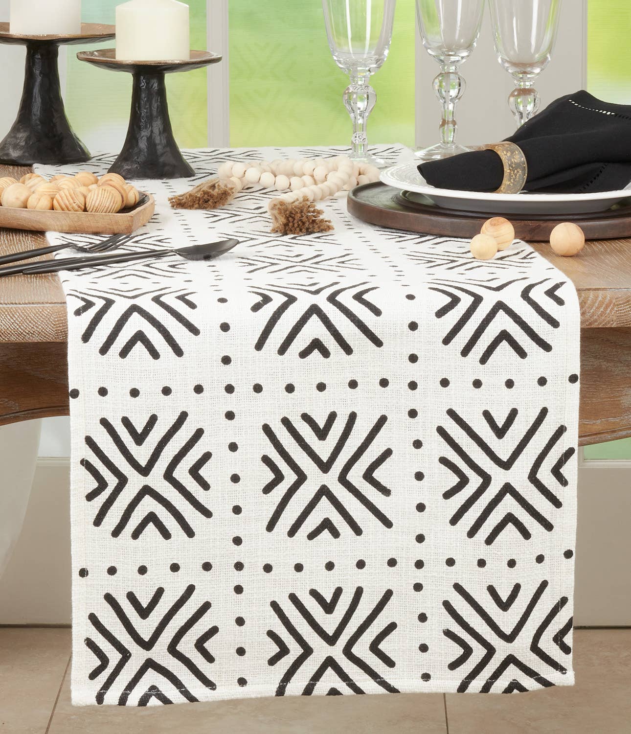 1512 - White and Black Mudcloth Cotton 16"x72" Table Runner