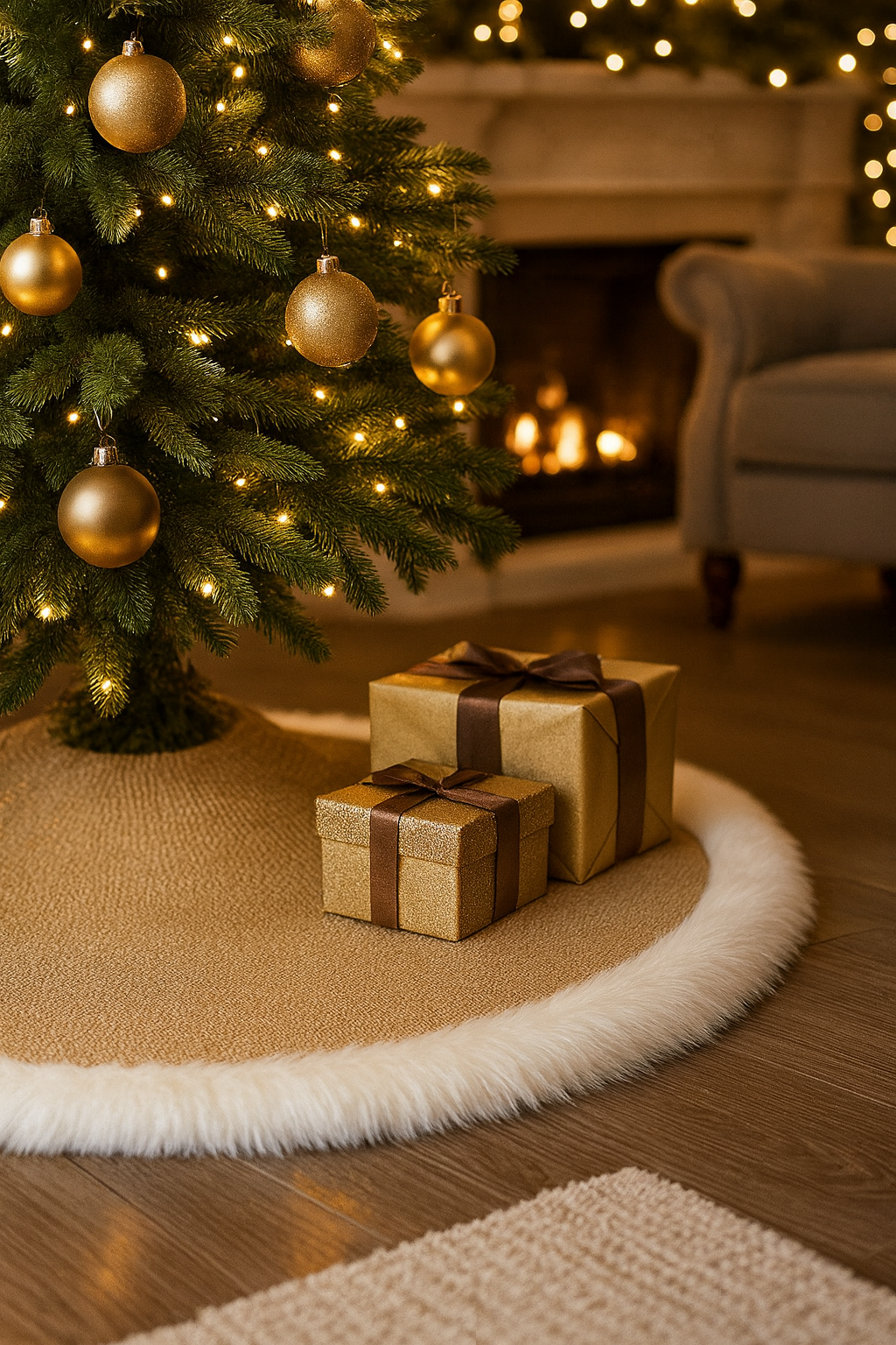 XS0015 - Rustic Burlap White Faux Fur Trim Christmas Tree Skirt