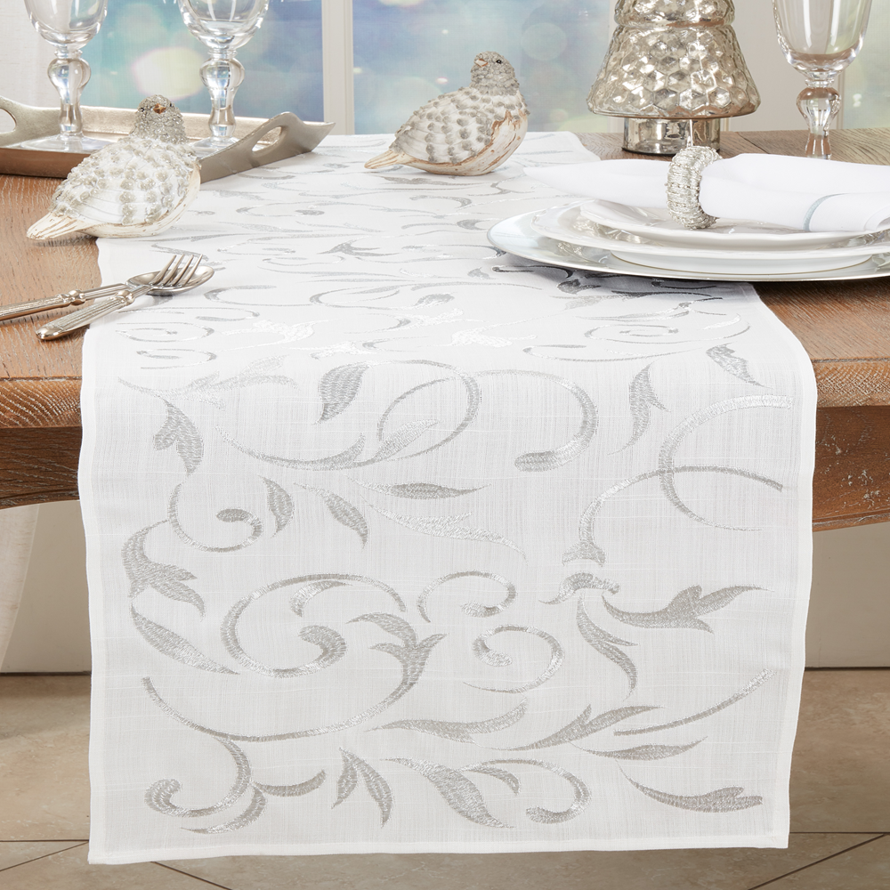 1657 - Silver Embroidered Leaves Table Runner