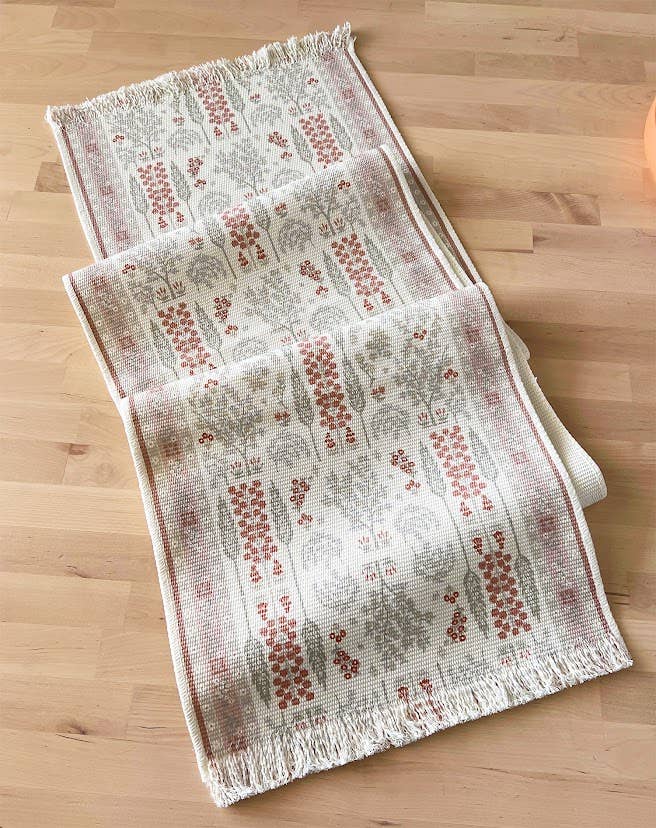 RNR0019 - Coral Botanical Flower Fringed Cotton Blend Table Runner