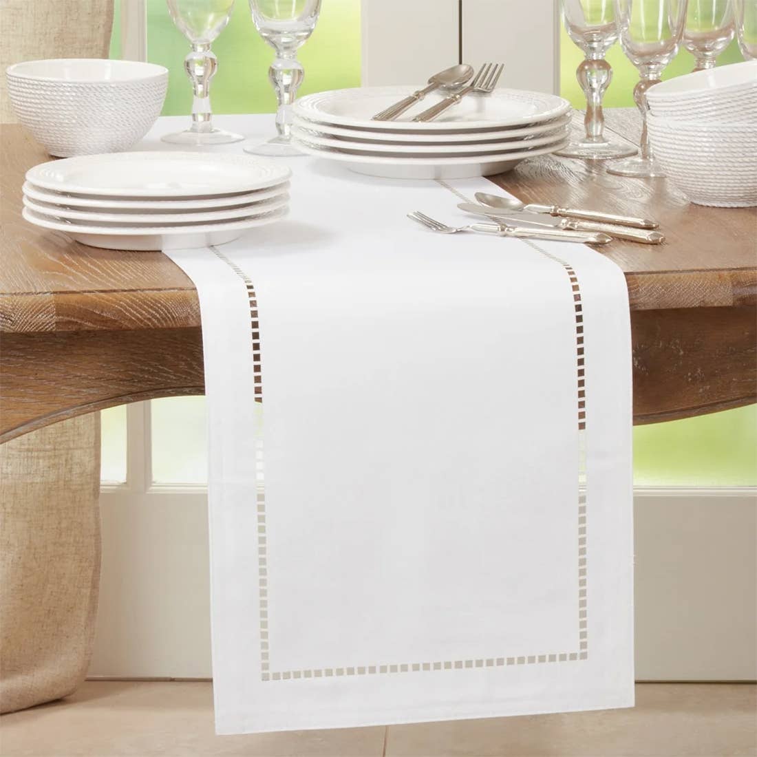 9738 - White Laser-Cut Hemstitch Table Runner