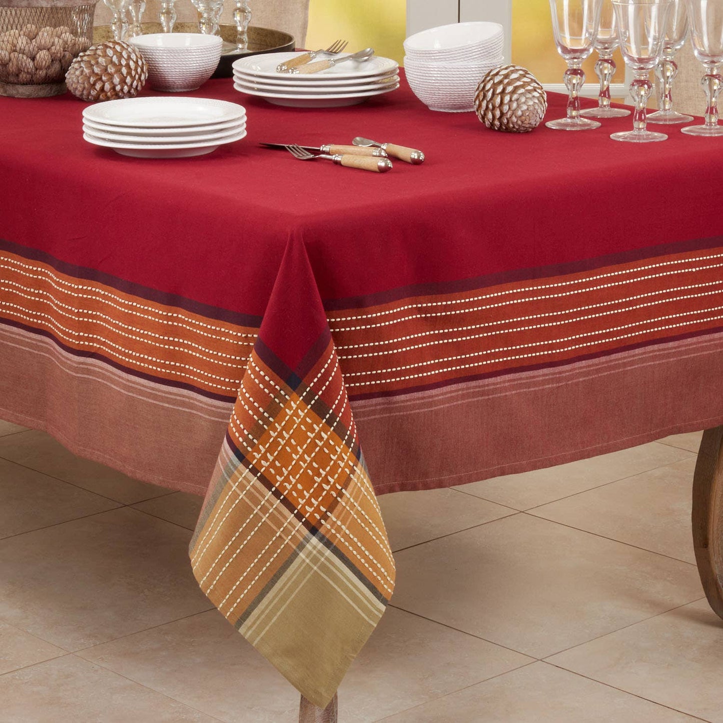 1873 - Plaid Border Stitched Cotton 70" Square Tablecloth