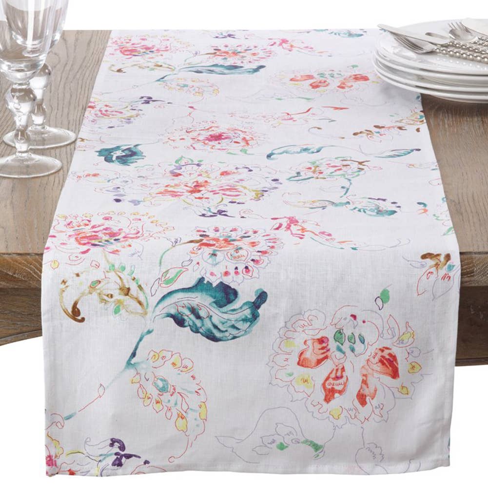 13010 - White Floral Pure Linen 16"x72" Table Runner