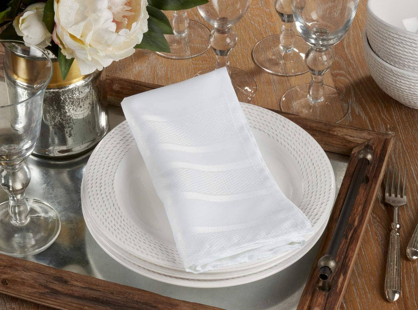 6223 - White Woven Jacquard Striped 20" Cloth Napkin