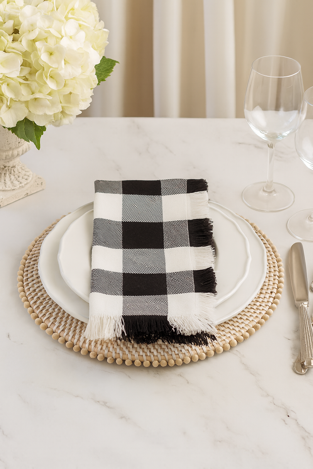9026 - Black White Fringed Buffalo Plaid Cotton 20" Dinner Napkin