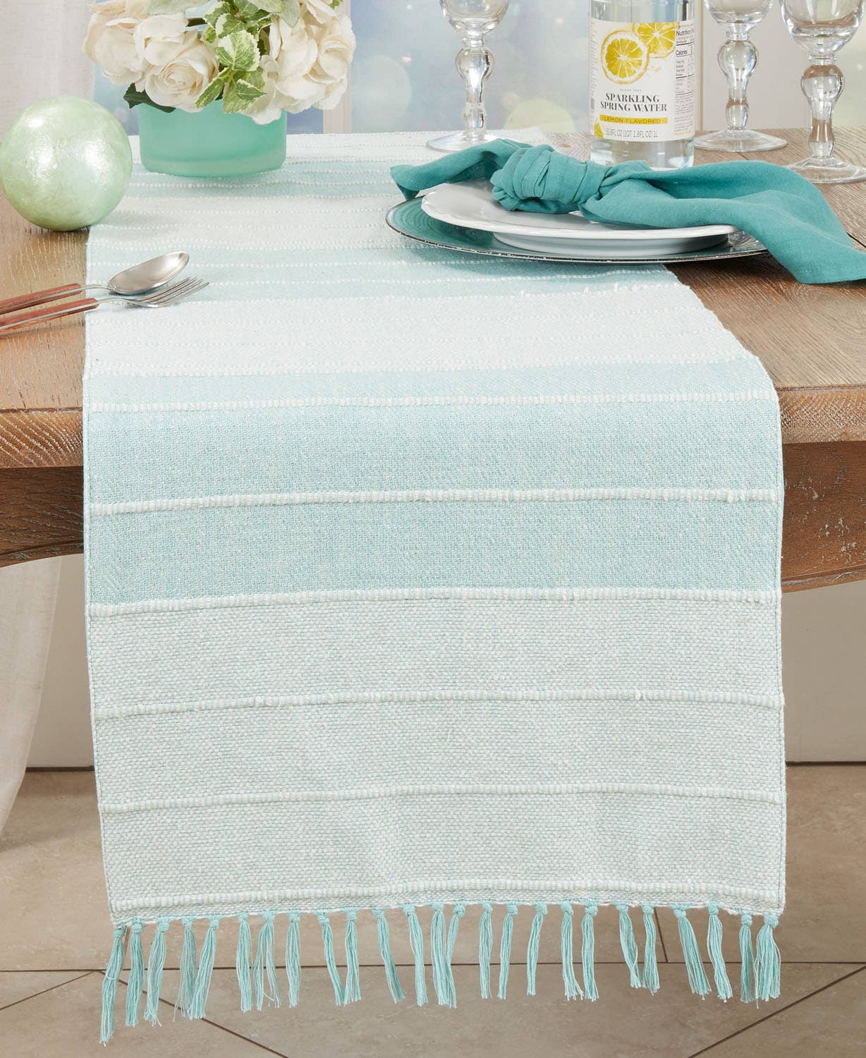 5402 - Aqua Corded Stripe Cotton 16x72 Table Runner