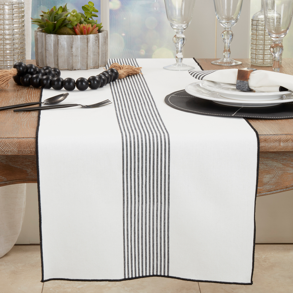 2079 - Black Stripe White Cotton 16"x72" Table Runner