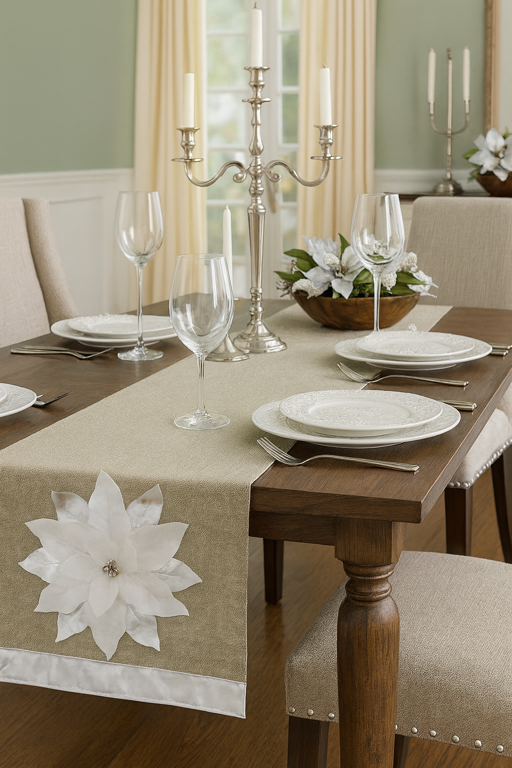TBL0004 - Silver-White 3D Poinsettia Natural Table Runner