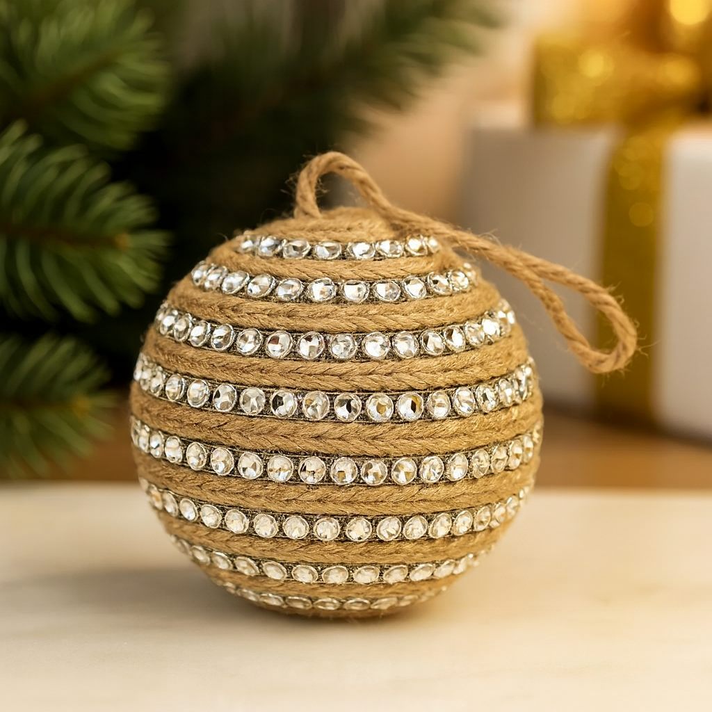XD347 - 3" Rhinestones Jute Natural Ball Ornament