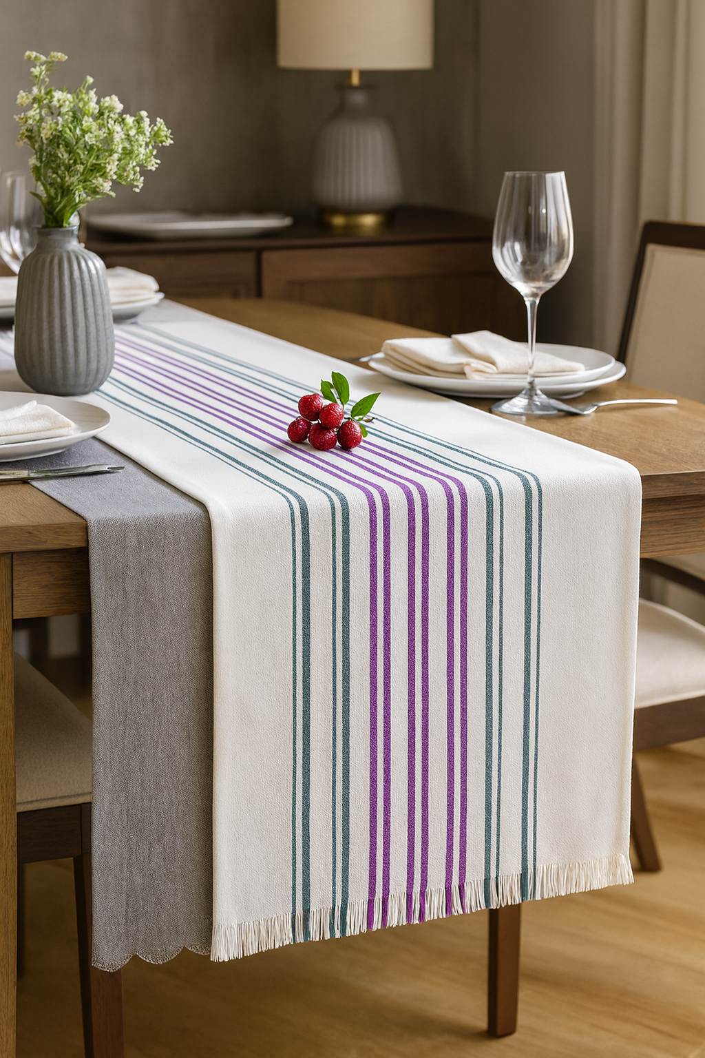 TBL0033 - Purple Green Striped Cotton Table Runner