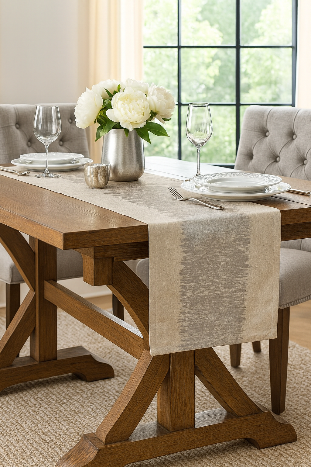 1003 - Silver Metallic Banded 16"x72" Cotton Natural Table Runner