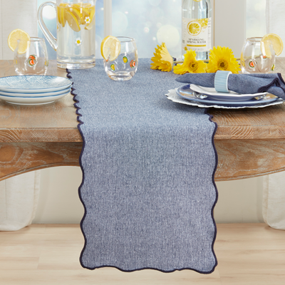 1069 - Blue Scallop Border Recycled Cotton Blend Table Runner