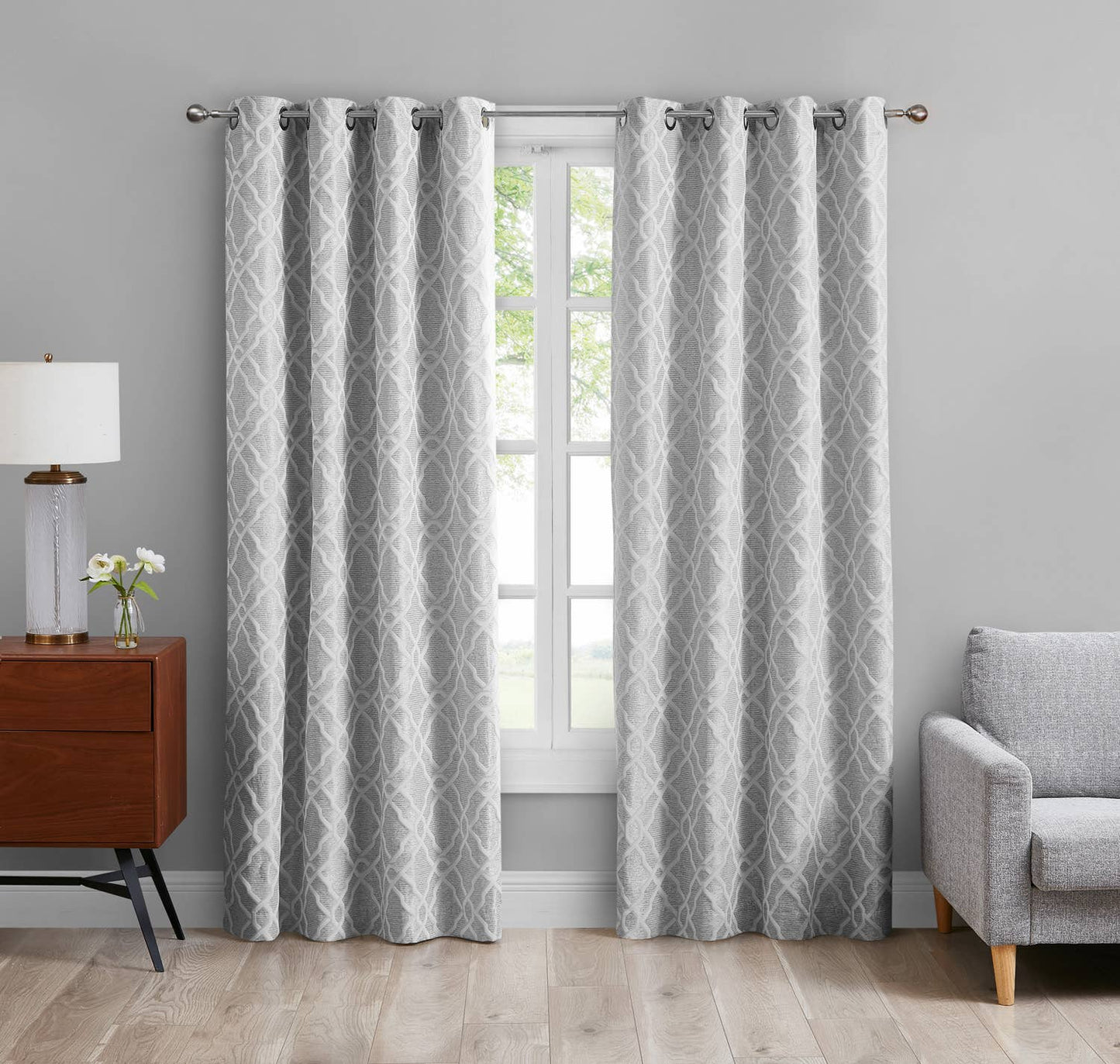 C122 - Set of Two Grey Jacquard 52"x108" Blackout Curtains