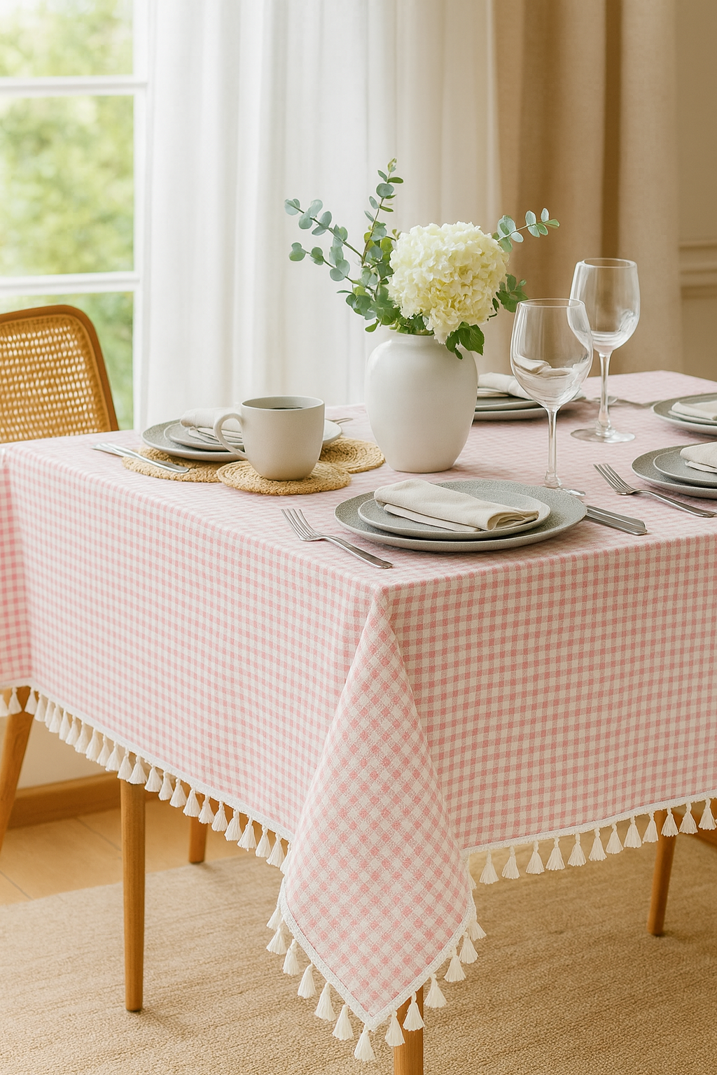 TBL0021 - Pink Rustic Gingham Check Tasseled Cotton Blend Tablecloth