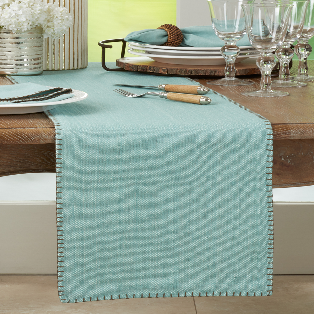 793 - Aqua Whip Stitched Cotton 13"x72" Table Runner