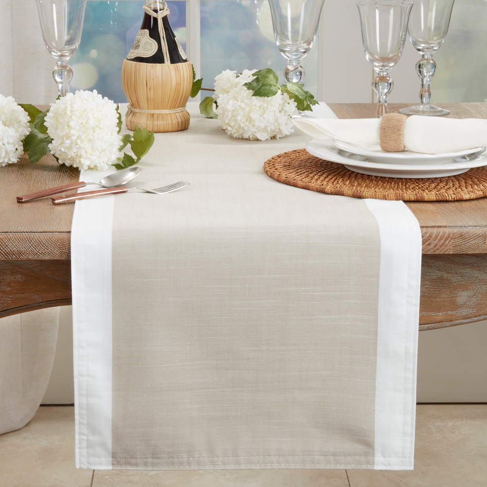 712 - White Banded Border Natural Table Runner