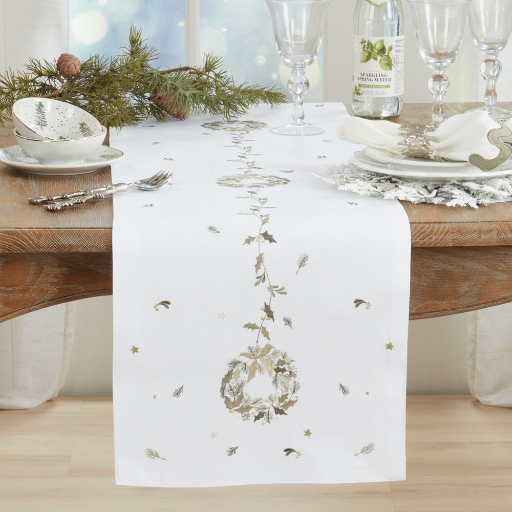 2694 - White Embroidered Wreath Table Runner - 16"x70"