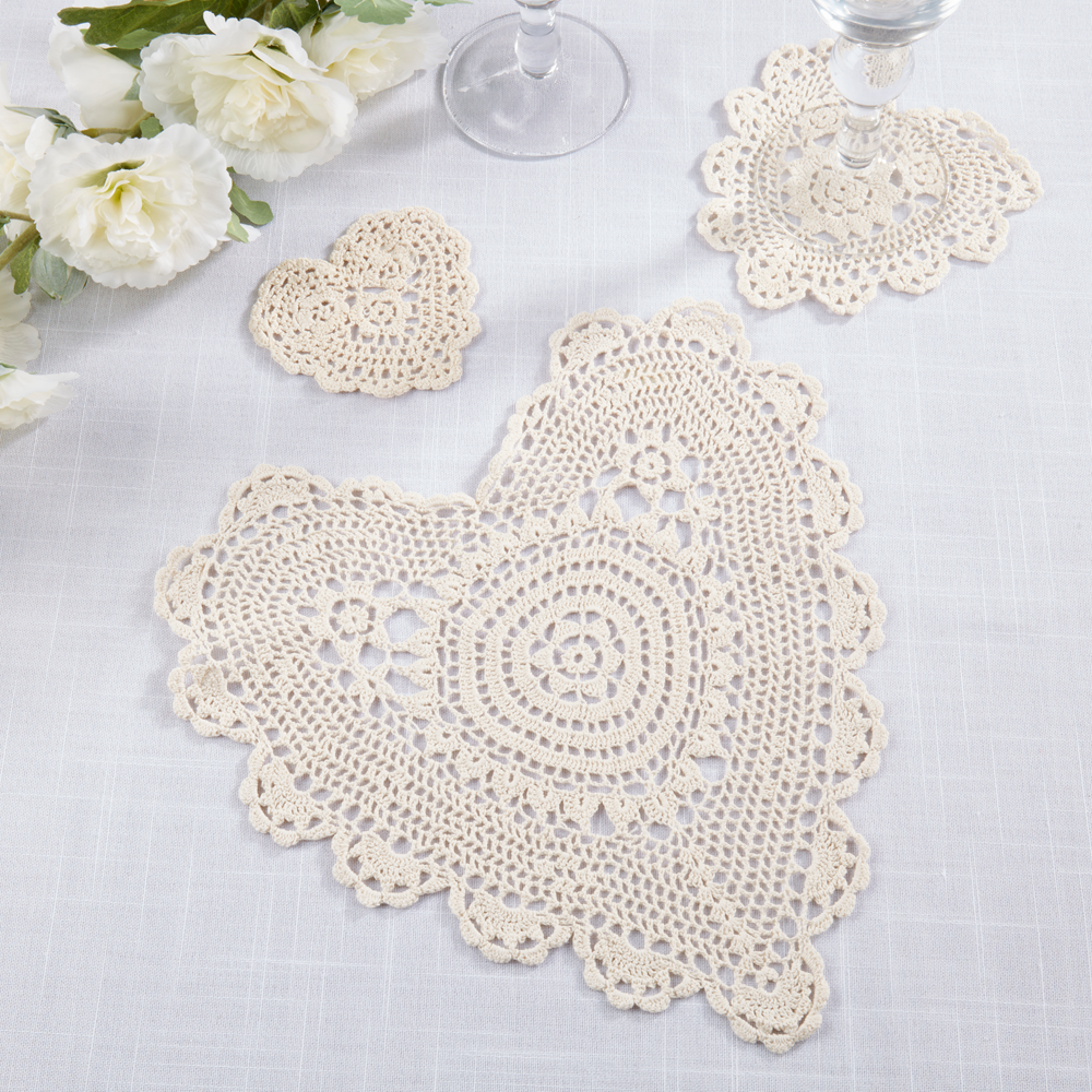 20003 - Ecru Hand Crocheted Heart-Shaped Cotton Lace Doily