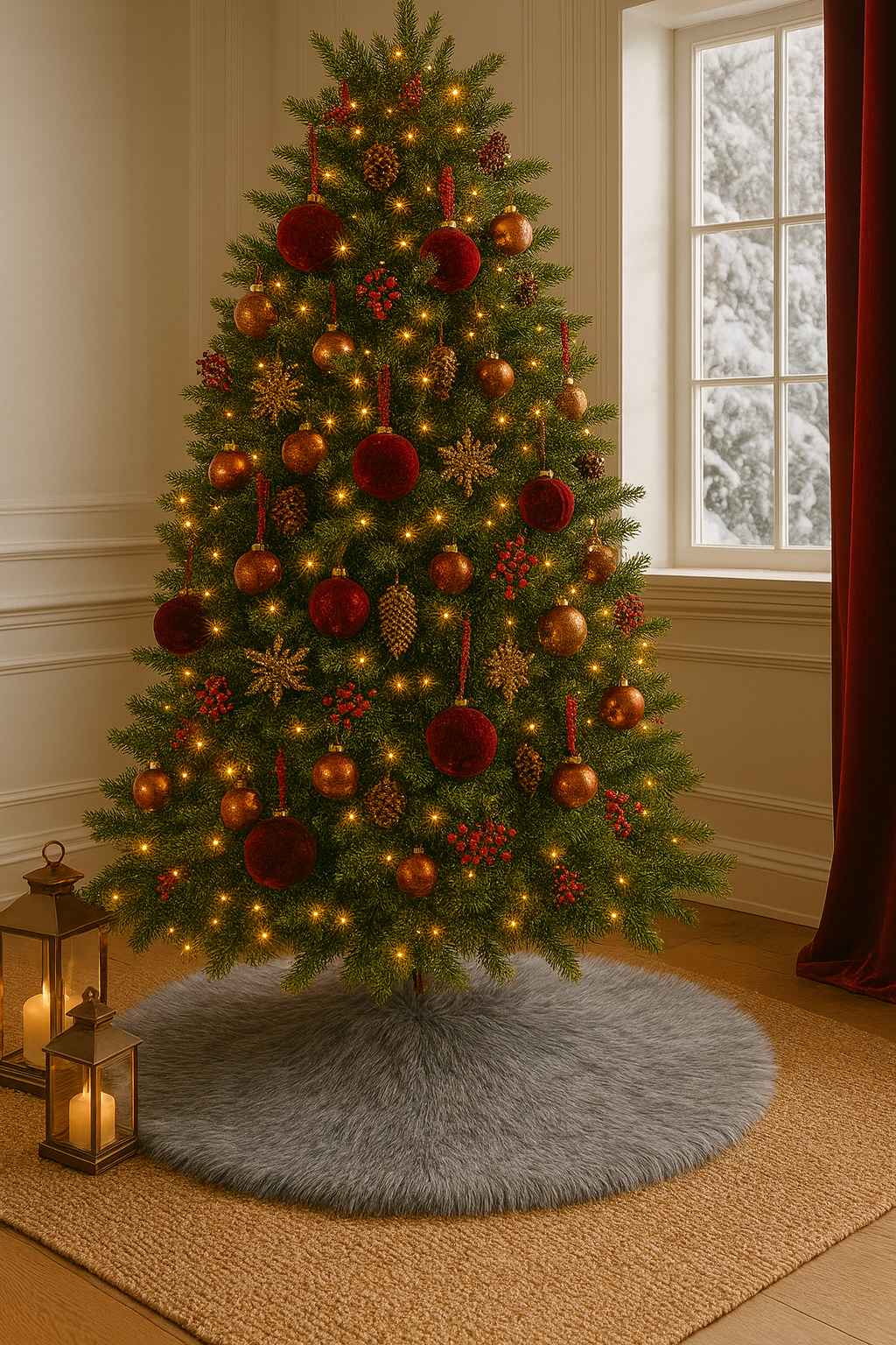 TBL0005 - Exquisite Grey Faux Fur Silver Lurex Christmas Tree Skirt