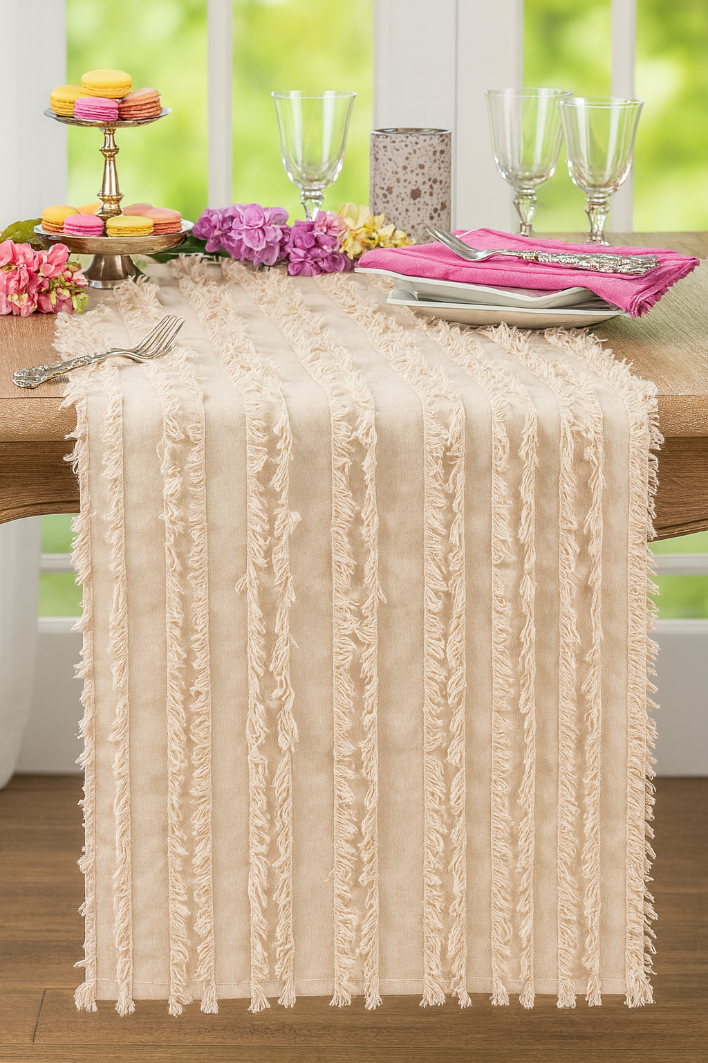 TBL0042 - Beige Fringed Stripe Cotton 15"x72" Table Runner