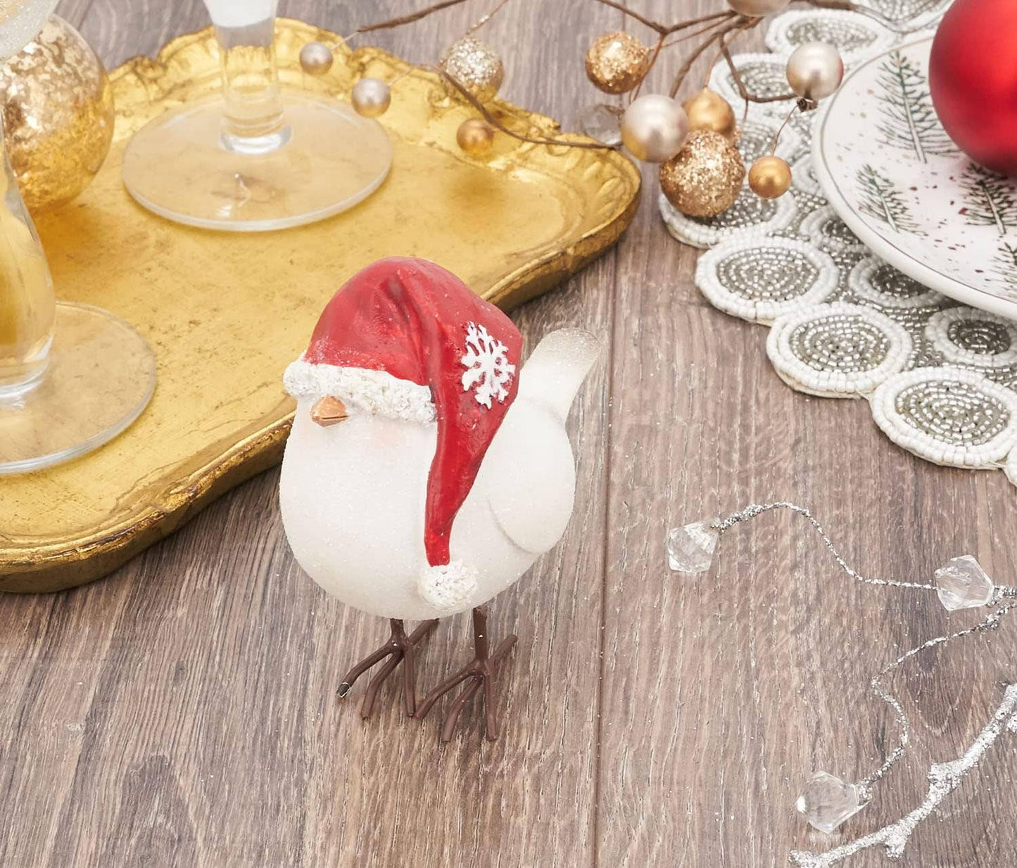 XD287 - 4.5" Resin Perched Bird Figurine with Santa Hat