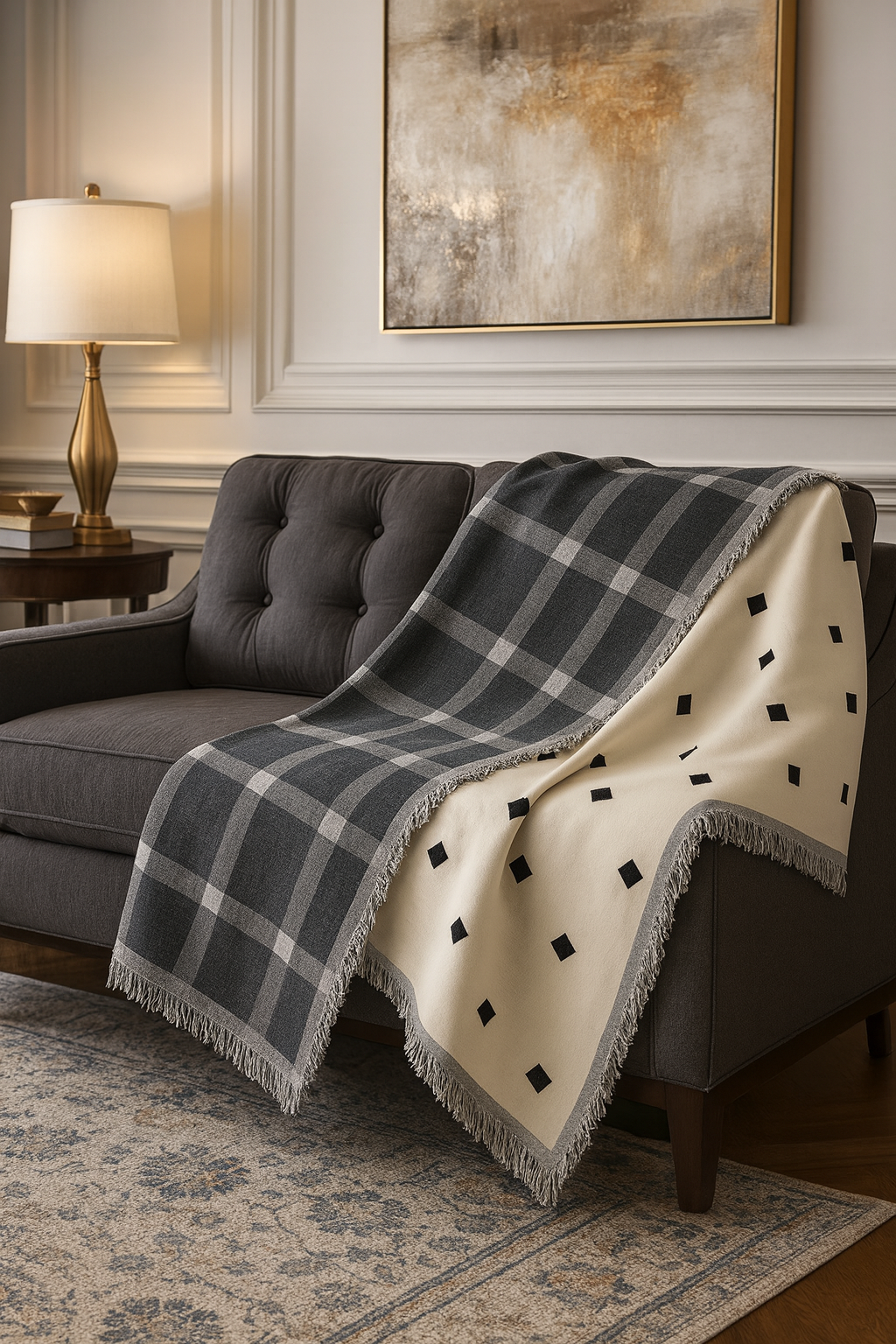 TH0039 - White & Black Modern Reversible Throw Blanket