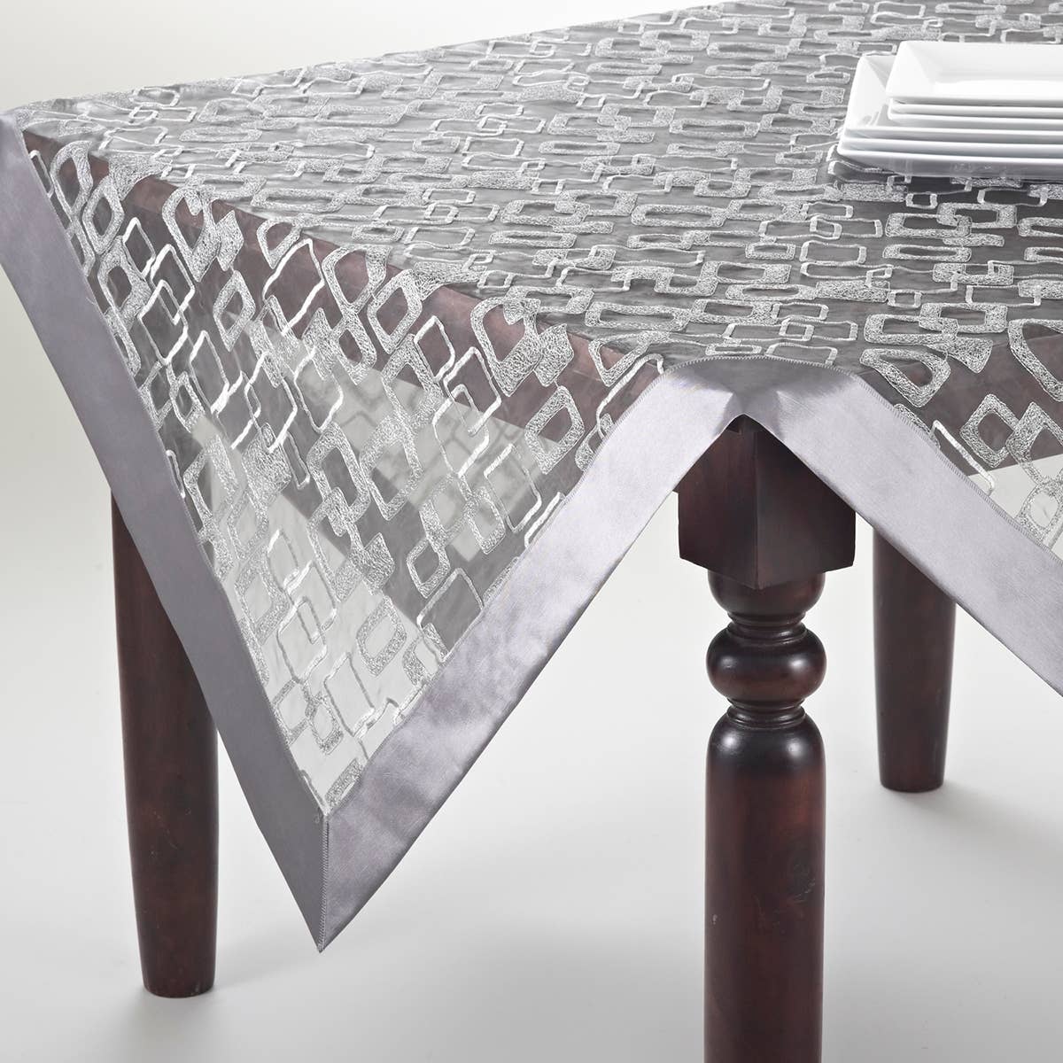 3713 - Silver Border Embroidered Geometric Semi-Sheer Tablecloth
