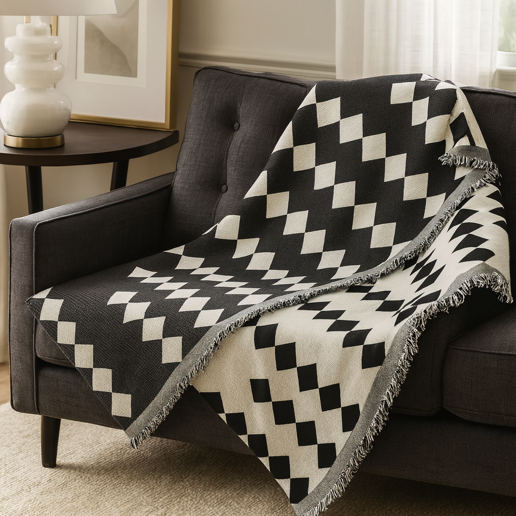 TH0038 - White & Black Modern Reversible Throw Blanket