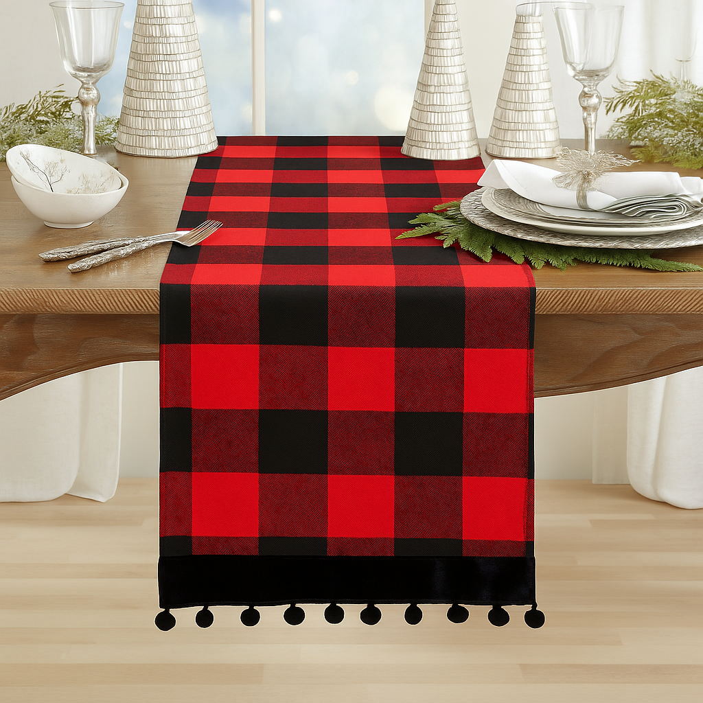 XS0007 - Buffalo Plaid Red Black Velvet Pom Pom Trim Table Runner