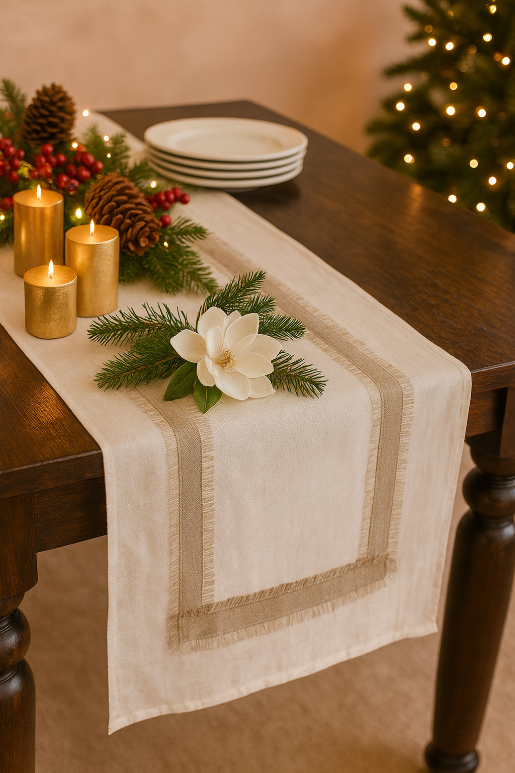 7001 - White Crisp Natural Banded Linen Table Runner