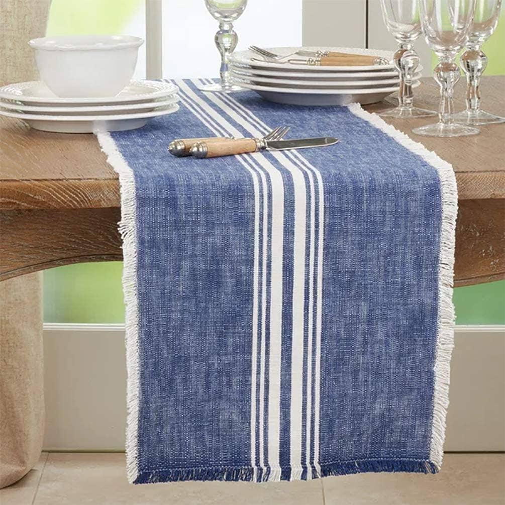 1919 - Blue Striped Cotton 13"x72" Table Runner with Fringe