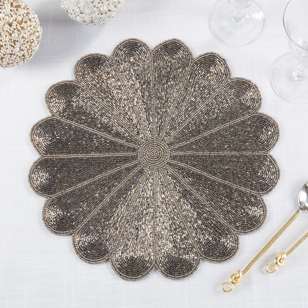 201 - Pewter Flower Beaded 15" Round Placemat