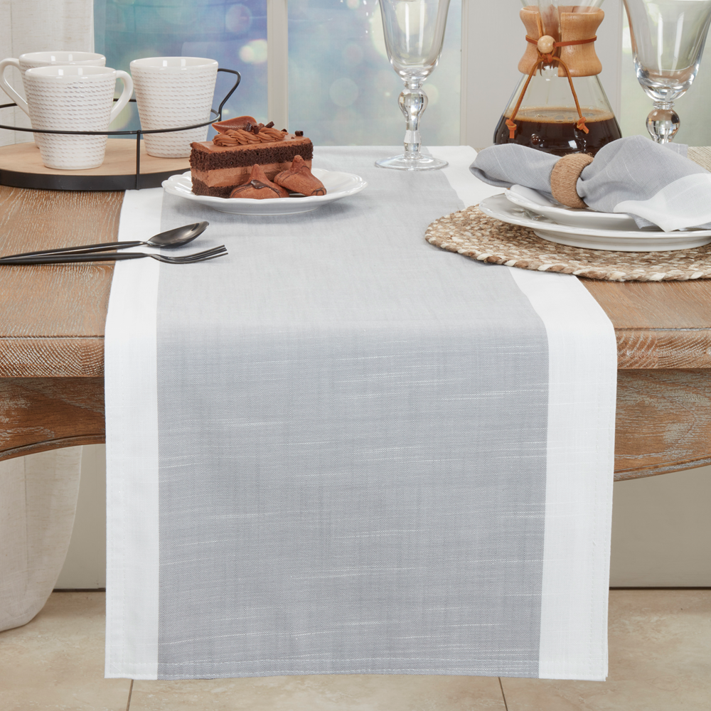 712 - White Banded Border Grey Table Runner