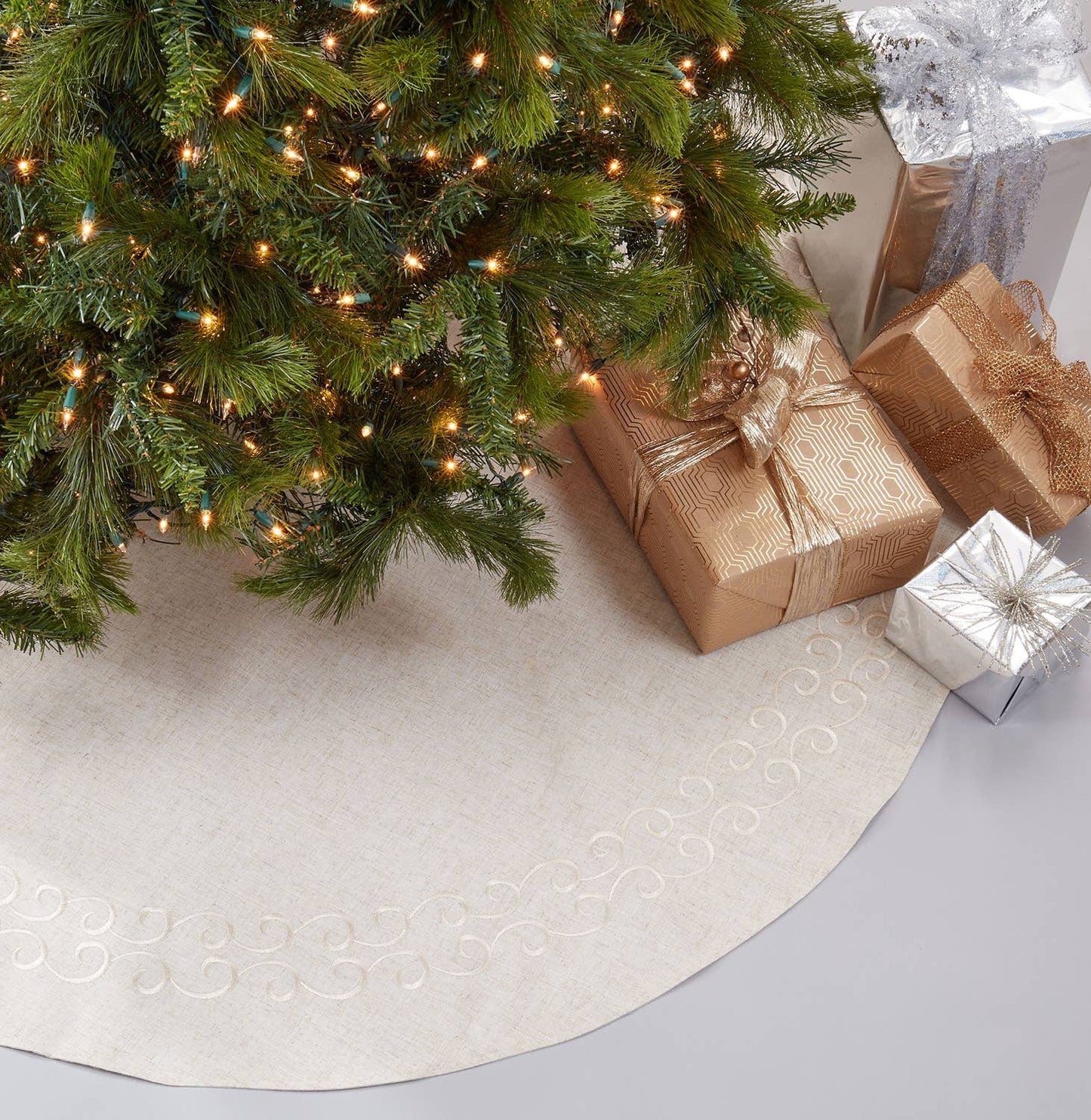 493 - Natural Embroidered Linen-Poly Christmas Tree Skirt
