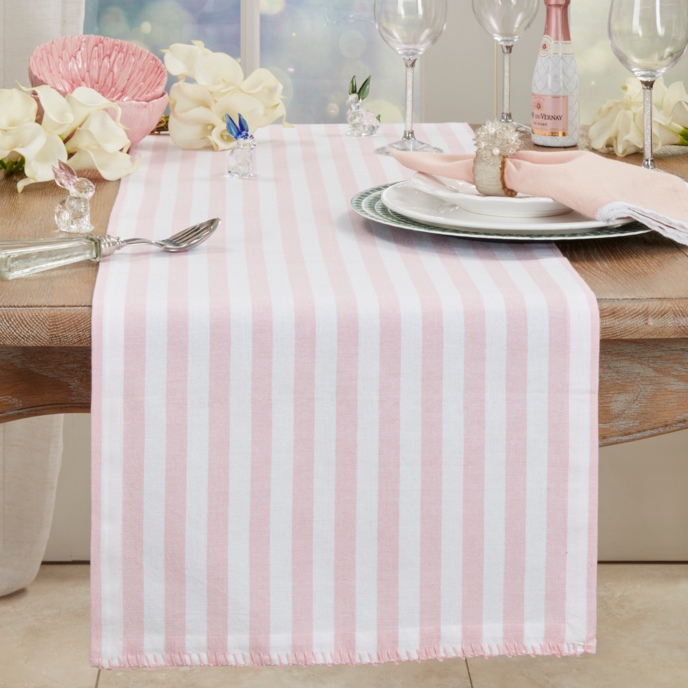 7041 - White & Pink Striped Whipstitch Cotton 16x72 Table Runner (C