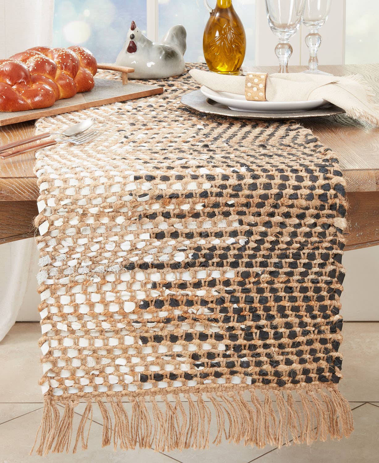 9202 - Two-Tone Leather Jute 16x72 Table Runner
