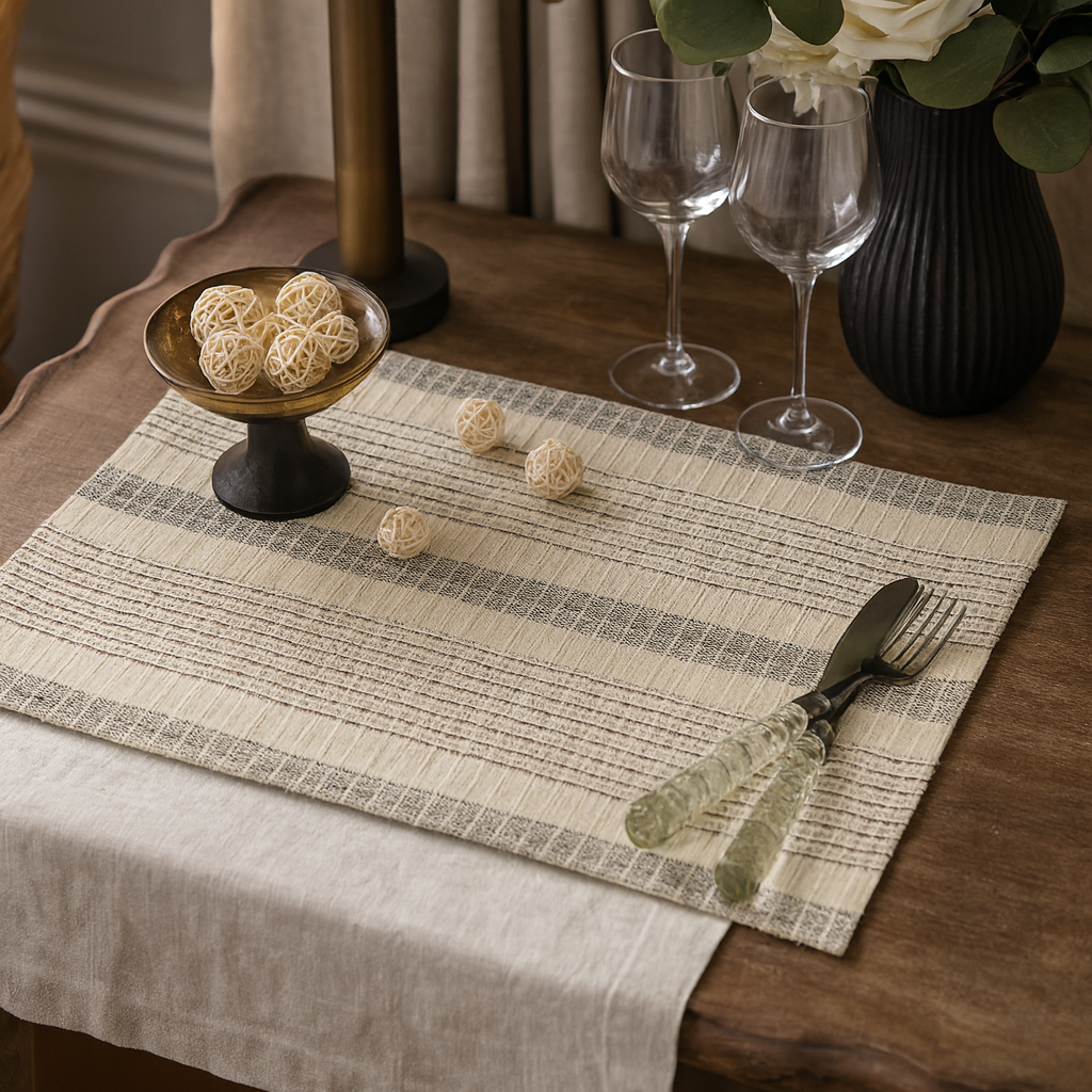 1024 - Striped Woven Cotton 14"x20" Ivory Placemat
