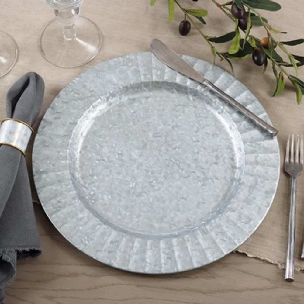 CH373 - Silver Ruffled Galvanized 13" Round Metal Charger Plate