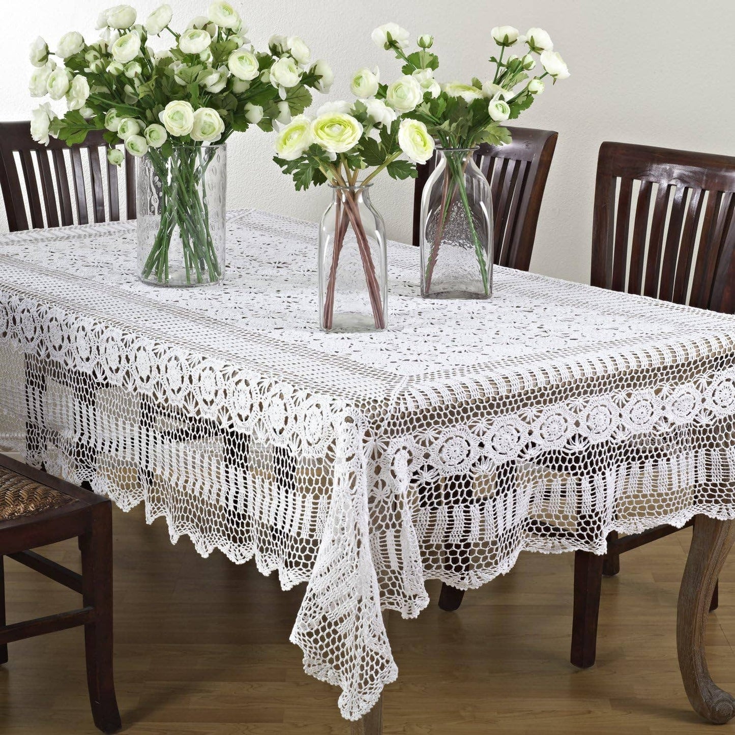 869 - White Hand Crocheted Medallion Cotton Tablecloth
