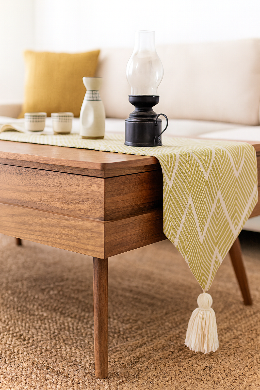 TBL0010 - Yellow Green Chevron Cotton Blend 14"x71" Table Runner