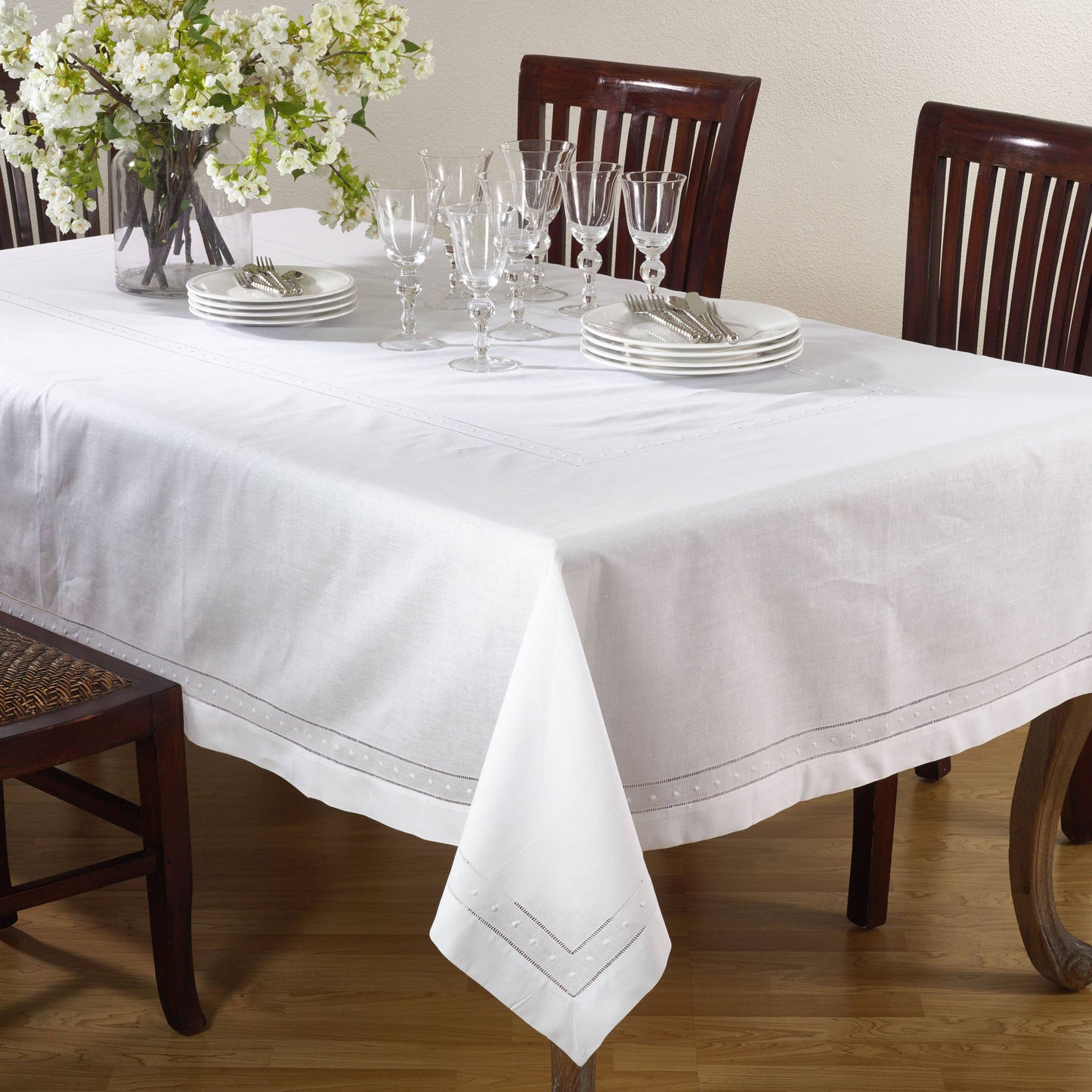 8648 - Embroidered Swiss Dot Hemstitch Linen Blend Tablecloth