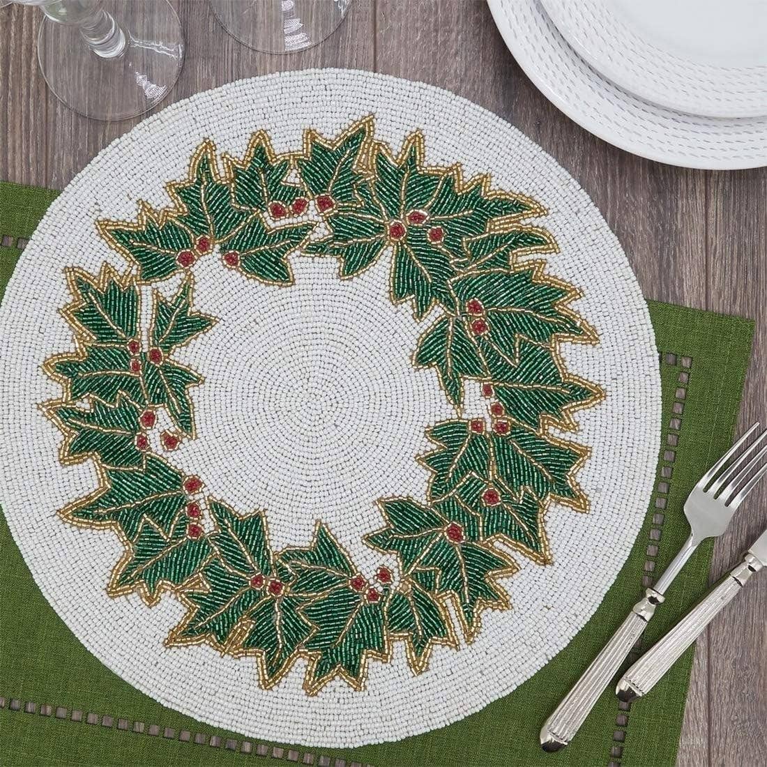 2218 - Hand Beaded Holly Holiday 15" Placemat
