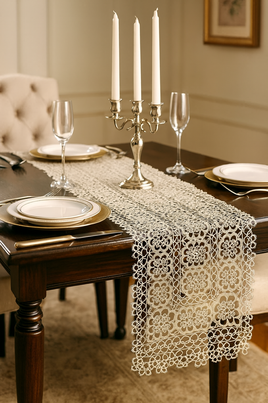 240 - Beige Tatting Lace Cotton 16"x54" Table Runner