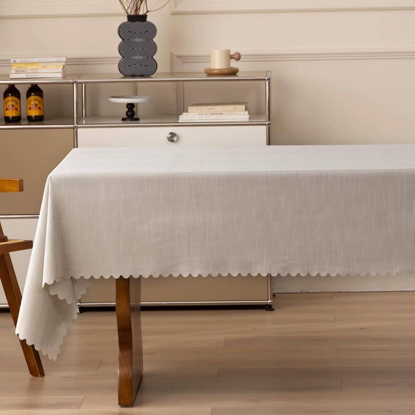 TBL0086 - Light Gray Scalloped Edge Textured Striped Tablecloth