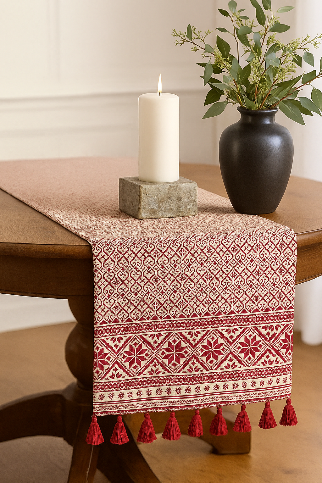 803 - Red White Christmas Tassel Accent Cotton Table Runner