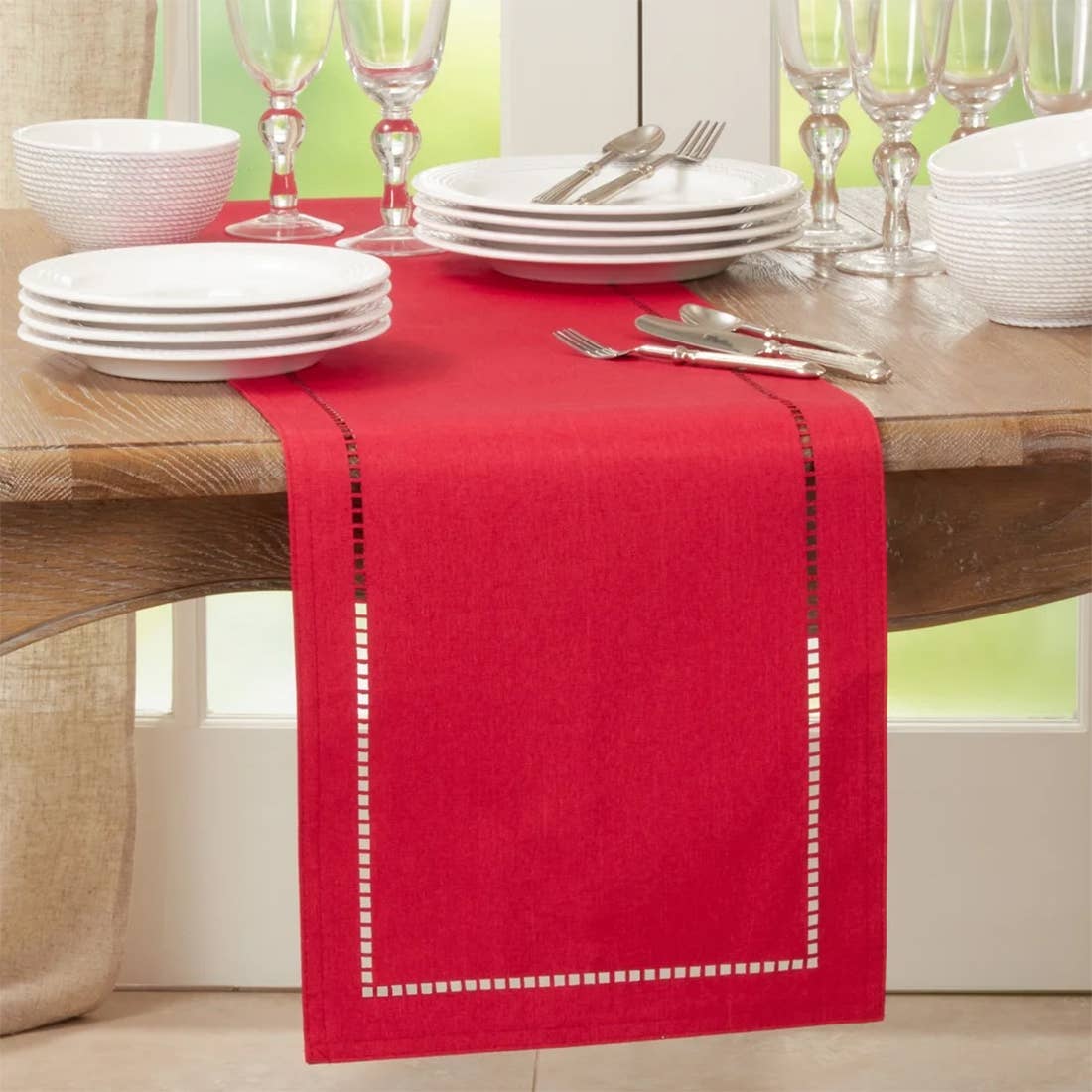 9738 - Red Laser-Cut Hemstitch Table Runner