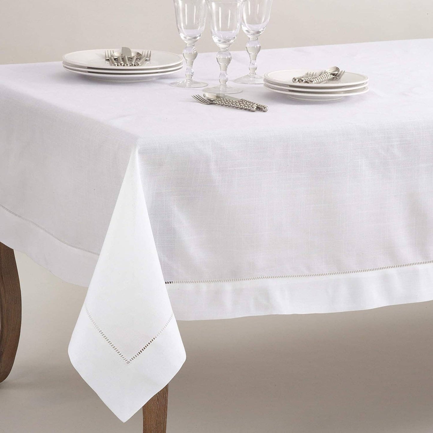 6100 - White Hemstitched Linen-Cotton 90" Square Tablecloth