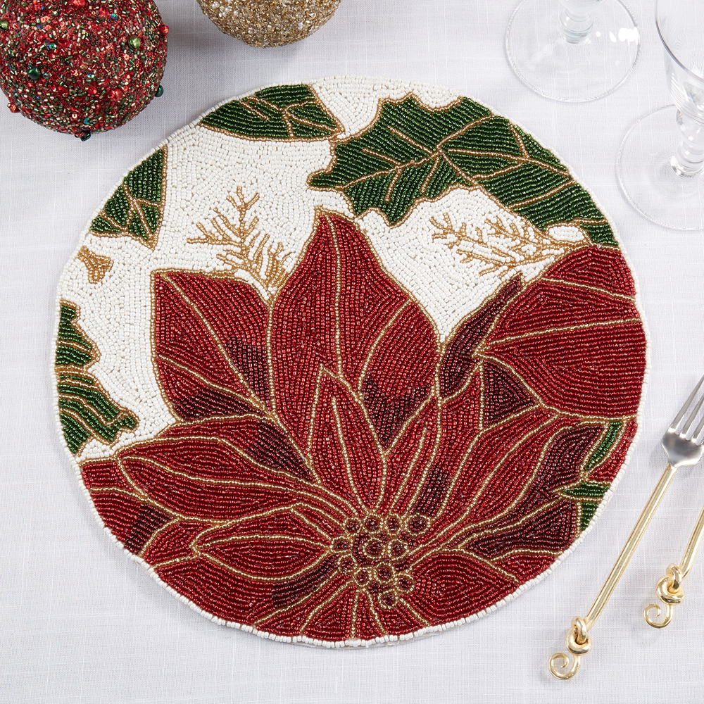 1584 - Hand Beaded Poinsettia 14" Placemat
