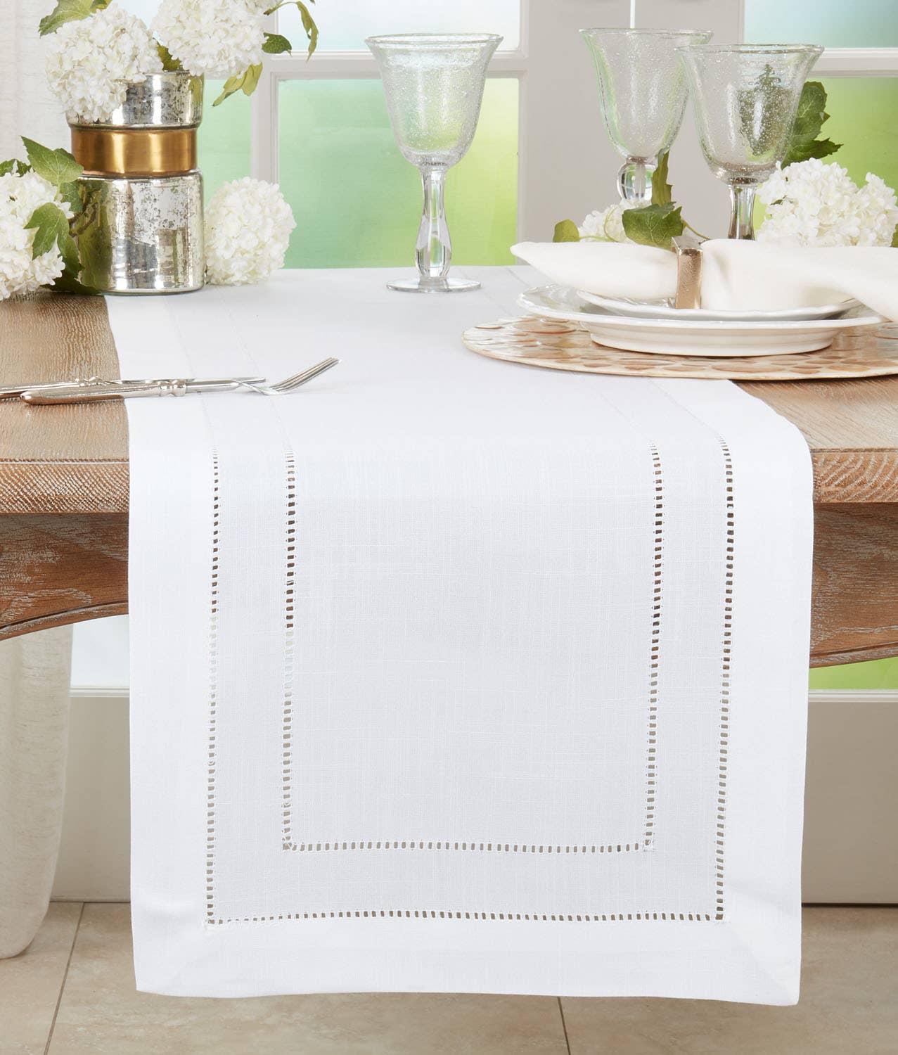1608 - White Double Hemstitch 16"X72" Table Runner