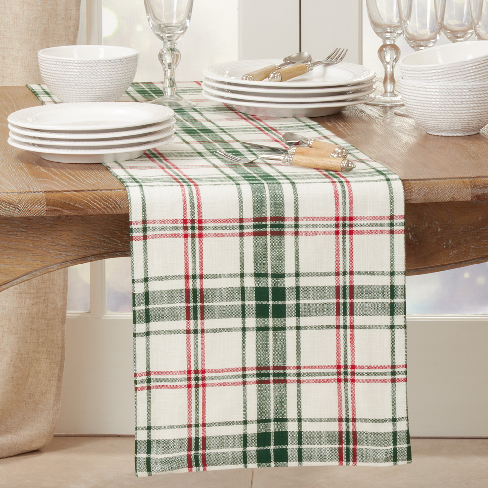 541 - White and Green Holiday Plaid Cotton Table Runner – 14" x 72
